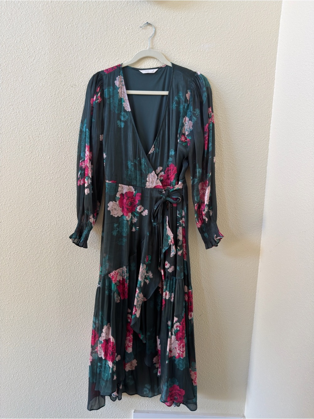 LC Lauren Conrad Dark Teal Floral Wrap Midi Dress with Pink Blooms